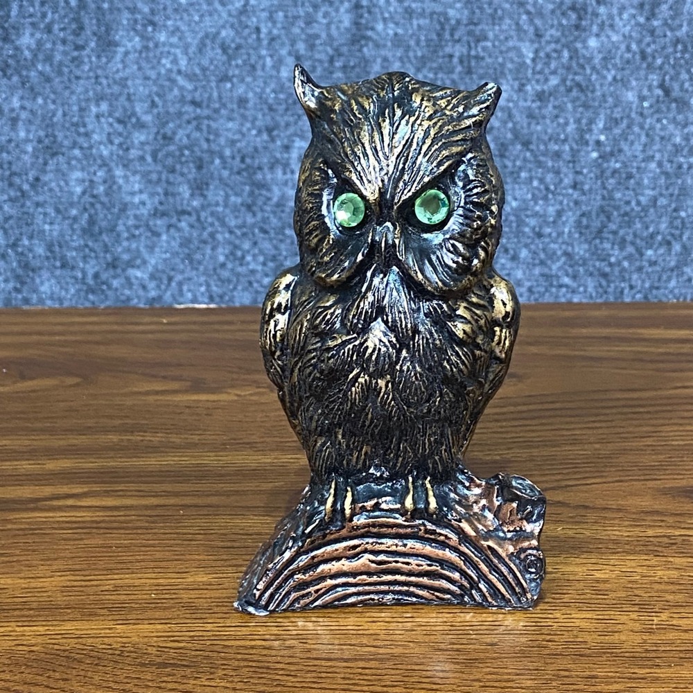 Vintage V.C.P. Handcrafted Coal Owl Statue Figurine Green Eyes USA Made‎ 1980